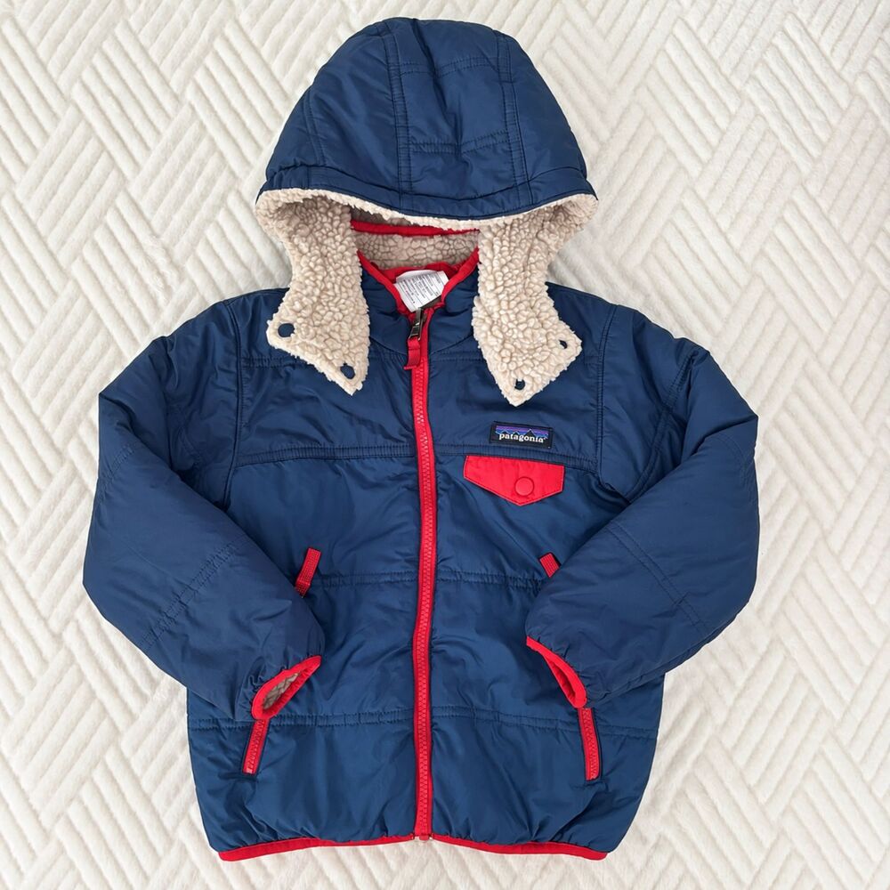 Patagonia Kids 5T Reversible Tribbles Hoody Navy Sherpa Fleece Red Jacket Coat